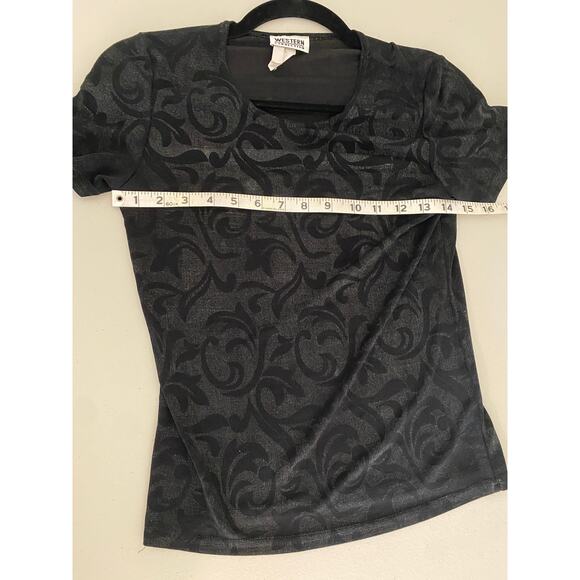 Vintage Gray Black Contrast Jacquard Pattern Stretchy Short-sleeved Top Small - Picture 7 of 8
